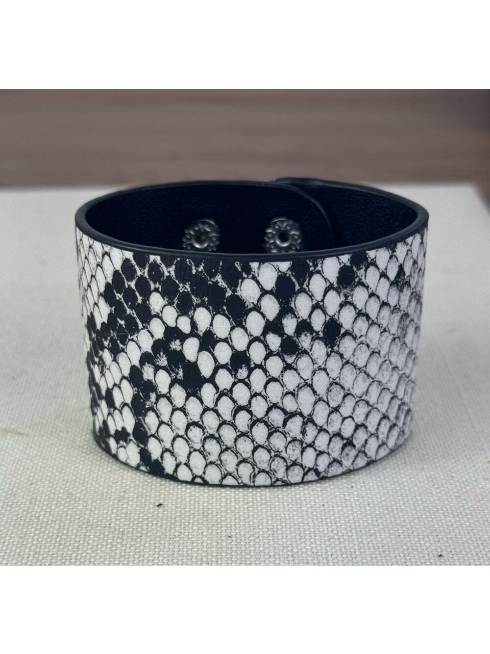 Black and White Python Print Wide Cuff Adjustable Snap Closure